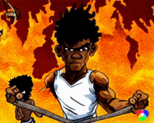a cartoon of a man holding a rope in front of a fire