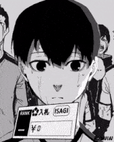 a black and white drawing of a boy with a sign that says rank isagi on it