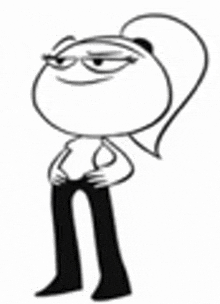 a black and white drawing of a cartoon character with a ponytail standing with her hands on her hips .