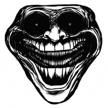 a black and white drawing of a troll face with a big smile and a lot of teeth .
