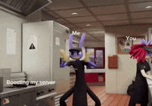 a cartoon character is dancing in a kitchen with the words " me " and " you " above him