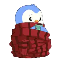 a blue and white penguin wrapped in a red scarf and holding a cup of coffee