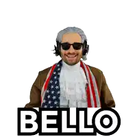 a man wearing sunglasses and headphones says the word bello