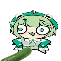 a cartoon of a girl with green hair holding a cucumber in her mouth