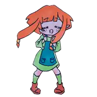 a drawing of a girl with red hair and a blue shirt that says ' delta ' on it