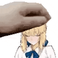 a pixel art of a hand petting a blonde anime girl 's head .