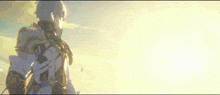 a man in a knight 's armor is standing in front of a sun shining through the clouds .