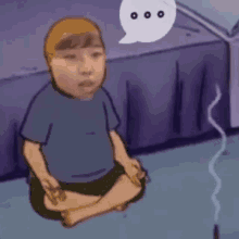 a cartoon of a boy sitting on the floor with a speech bubble above him .