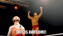 two wrestlers are standing in a ring with their arms in the air and the words this is awesome .