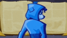 a blue cartoon character with horns and a hood is standing in front of a piece of paper .