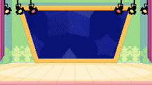 a pixel art of a stage with spotlights and a blue screen