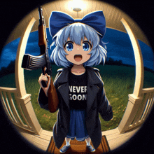 a girl holding a gun and wearing a shirt that says " never goon "