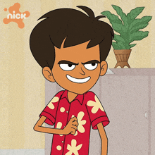 a cartoon character from nickelodeon is standing in front of a potted plant