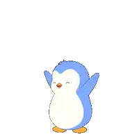 a blue penguin with orange feet is standing on its hind legs on a white background