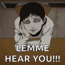 a black and white cartoon of a man laying on the floor with the words `` lemme hear you !! ''