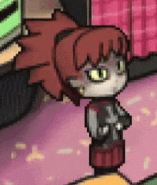 a pixel art of a girl with red hair and green eyes