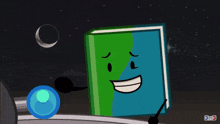 a cartoon drawing of a green and blue object with the letters jnd on the bottom