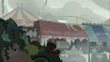 a cartoon drawing of a carnival with a sign that says ' no ' on it