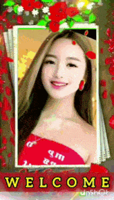 a picture of a woman in a red top is surrounded by red roses and the words welcome