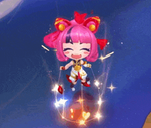a cartoon girl with pink hair and a crown on her head is smiling