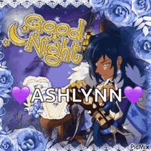 a picture of a man with a sword and the words `` good night ashlynn '' on it .