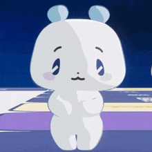 a white bear with blue ears is standing on a purple surface