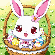 a cartoon bunny is sitting in a basket of easter eggs