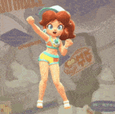 a girl in a bikini is dancing in front of a comk tv sign