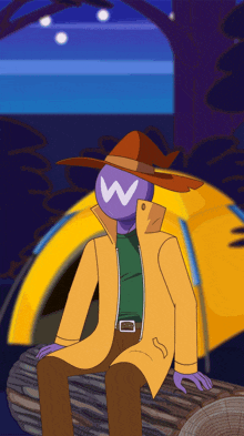 a cartoon character with the letter w on his head sits in front of a tent