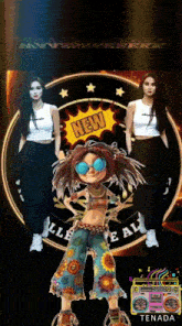 a cartoon girl is dancing in front of a new sign