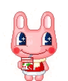 a pixel art of a pink rabbit drinking a drink from a cup .