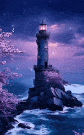 a lighthouse sits on a rocky cliff overlooking the ocean