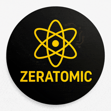 a black circle with a yellow icon of an atom and the word zeroatomic on it
