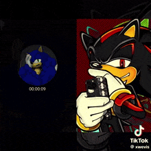 a cartoon of shadow the hedgehog holding a cell phone with the words shit written above him