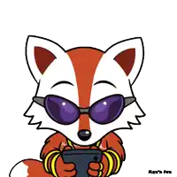 a cartoon of a fox wearing sunglasses and holding a cell phone on its head