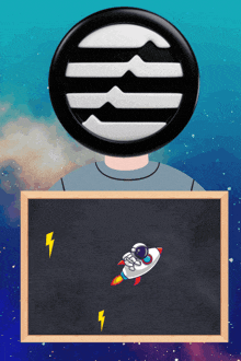 a person holding a chalkboard with a picture of a rocket on it