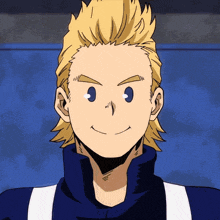 a cartoon character with blonde hair and blue eyes smiles for the camera
