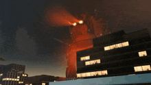 a video game shows a giant robot coming out of a building