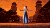 a man without a shirt is holding a sword in front of a castle
