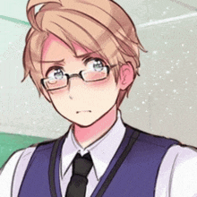 a boy with glasses is wearing a blue vest and black tie .