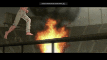 a cartoon of a man running on a balance beam in front of a burning building