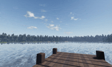 a dock with a view of a lake with trees in the background