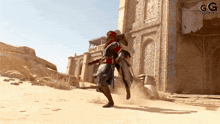 a video game is being played in the desert with the letters gg visible
