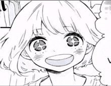 a black and white drawing of a smiling girl