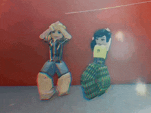 two cartoon characters are standing next to each other with their arms in the air