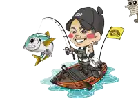 a cartoon of a man on a boat with a fishing rod and a yellow flag that says bridgestone