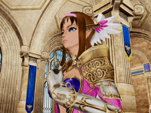 a girl with a flower in her hair is wearing a pink and gold armor