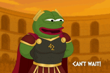a cartoon of a frog wearing armor and a cape with a 42 on his chest