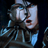 a close up of a woman 's face with a magnifying glass