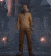 a cartoon character in a rabbit costume is standing in front of a building .